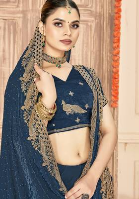 teal blue silk saree with zari sirovski embroidery 3