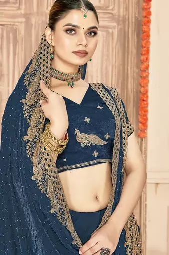 teal blue silk saree with zari sirovski embroidery