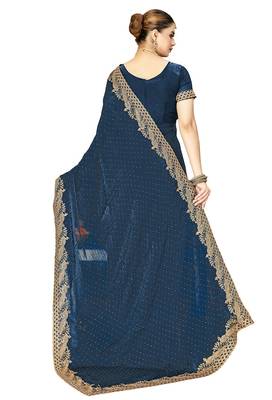 teal blue silk saree with zari sirovski embroidery 4