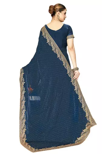 teal blue silk saree with zari sirovski embroidery