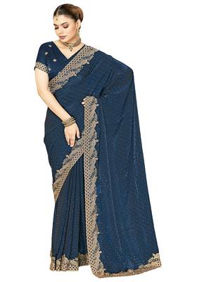 teal blue silk saree with zari sirovski embroidery 5