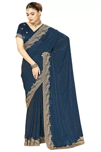 teal blue silk saree with zari sirovski embroidery