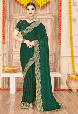 bottle green silk saree with zari sirovski embroidery 1