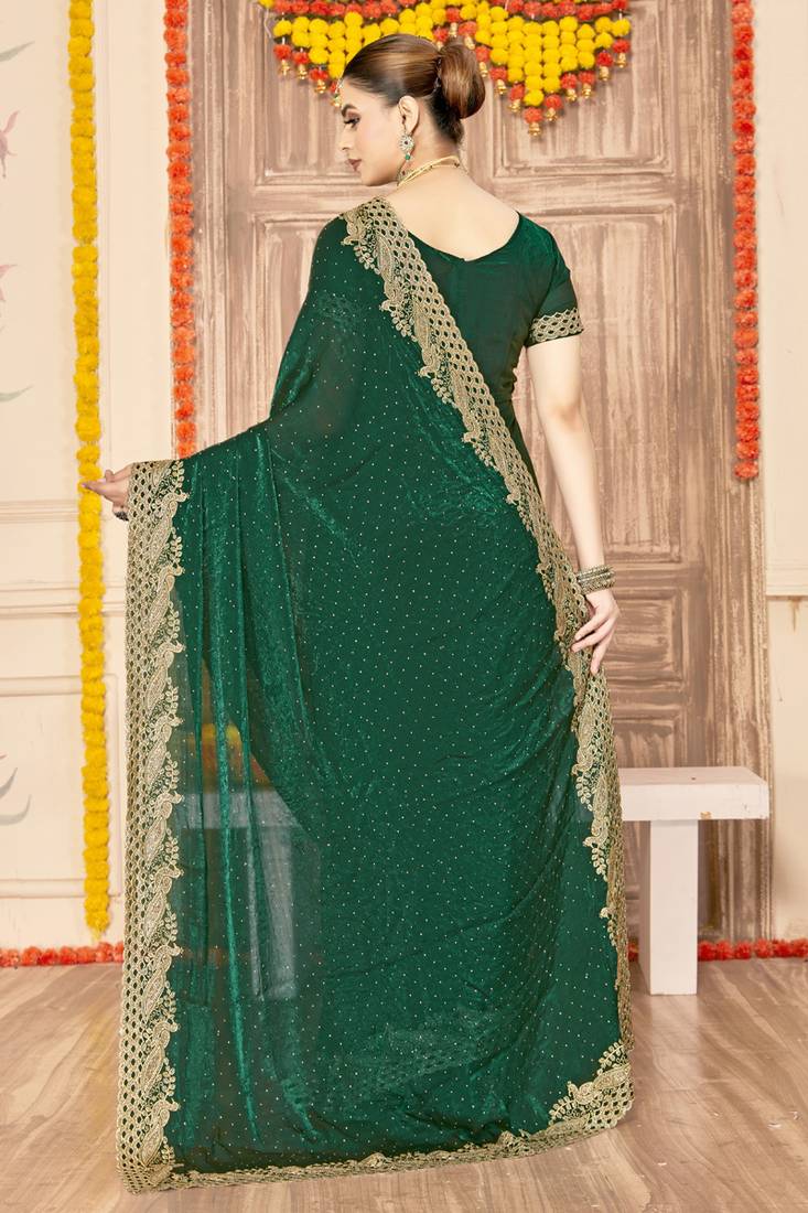 designer bottle green zari siroski embroidery work silk blend saree