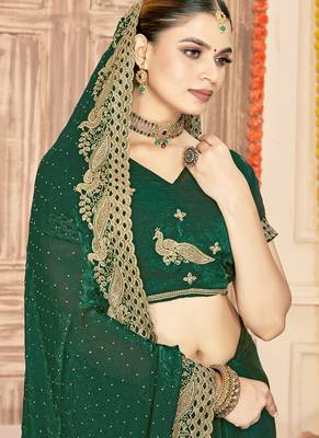 bottle green silk saree with zari sirovski embroidery 3