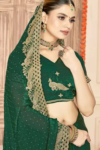 bottle green silk saree with zari sirovski embroidery