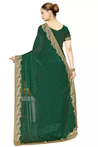 bottle green silk saree with zari sirovski embroidery