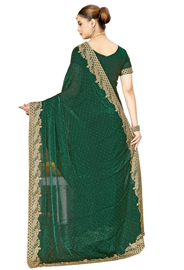 designer bottle green zari siroski embroidery work silk blend saree