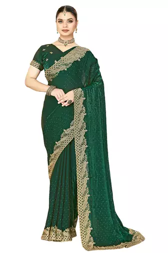 bottle green silk saree with zari sirovski embroidery
