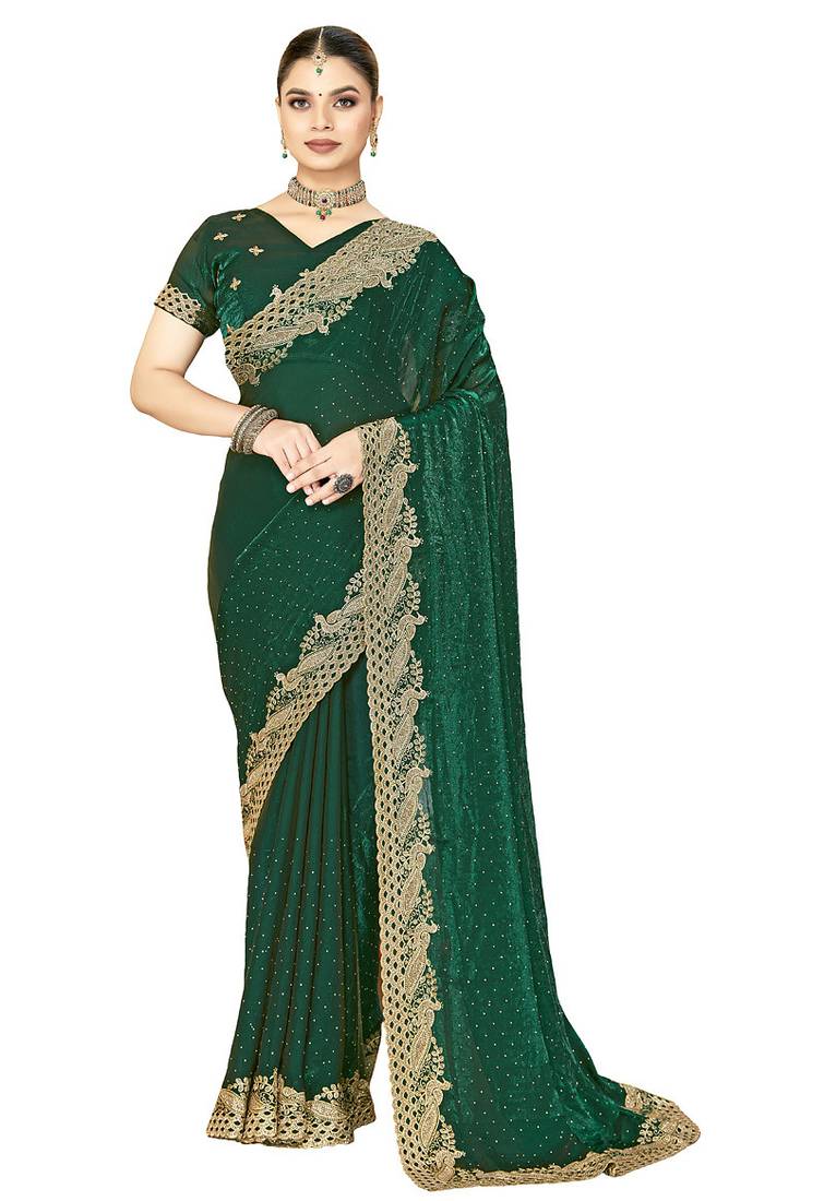 designer bottle green zari siroski embroidery work silk blend saree
