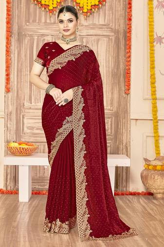 designer maroon zari siroski embroidery work silk blend saree