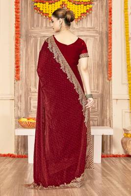 maroon silk saree with zari sirovski embroidery 2