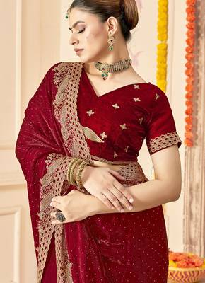 maroon silk saree with zari sirovski embroidery 3