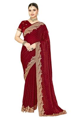 maroon silk saree with zari sirovski embroidery 5