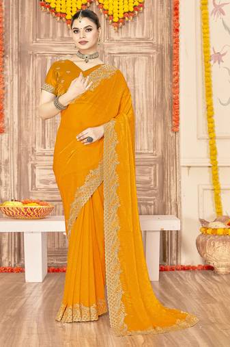 designer mustard zari siroski embroidery work silk blend saree