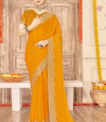 designer mustard zari siroski embroidery work silk blend saree