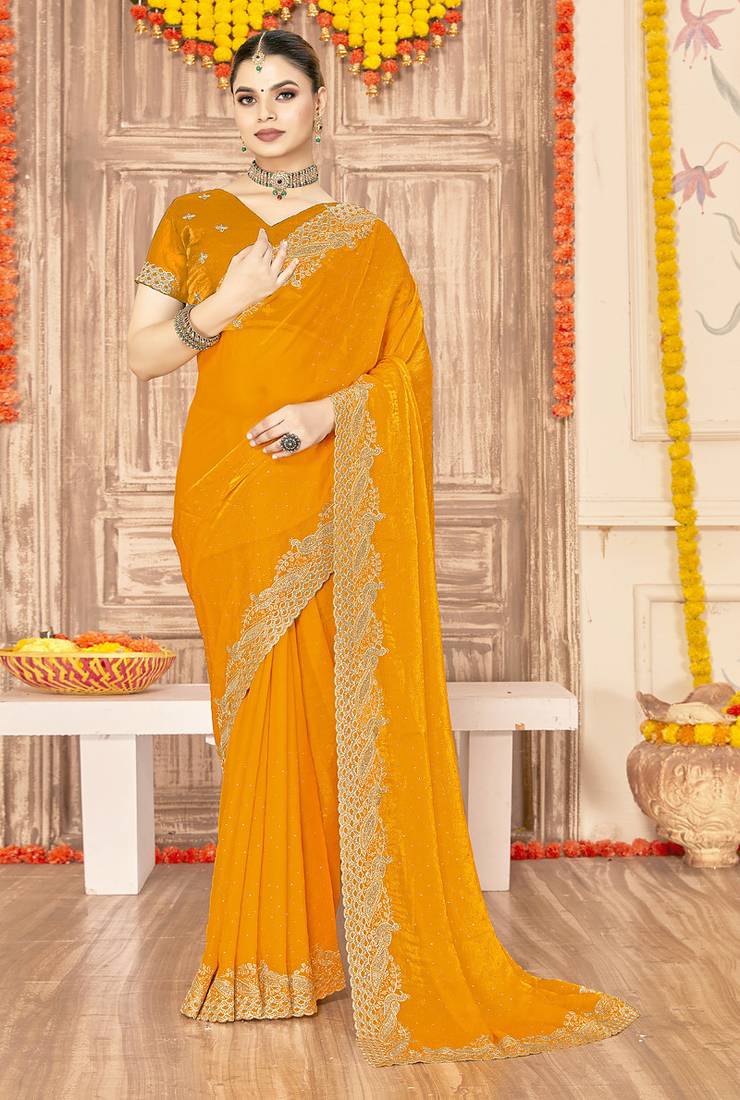 designer mustard zari siroski embroidery work silk blend saree