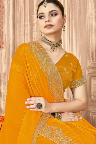 mustard silk saree with zari sirovski embroidery