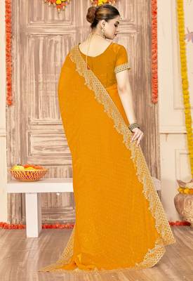 mustard silk saree with zari sirovski embroidery 3