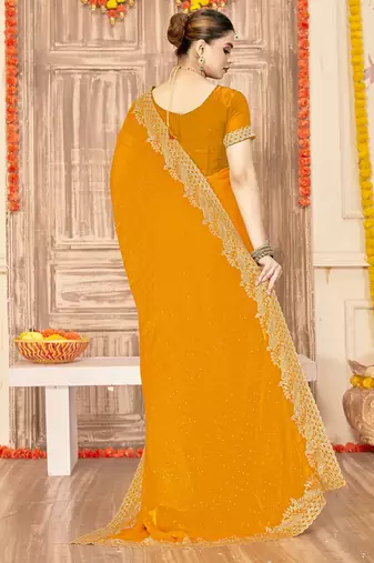 mustard silk saree with zari sirovski embroidery