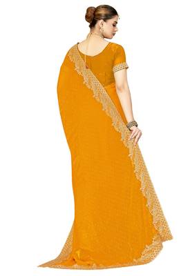 mustard silk saree with zari sirovski embroidery 4