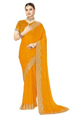 mustard silk saree with zari sirovski embroidery 5