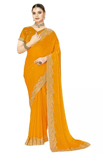 mustard silk saree with zari sirovski embroidery