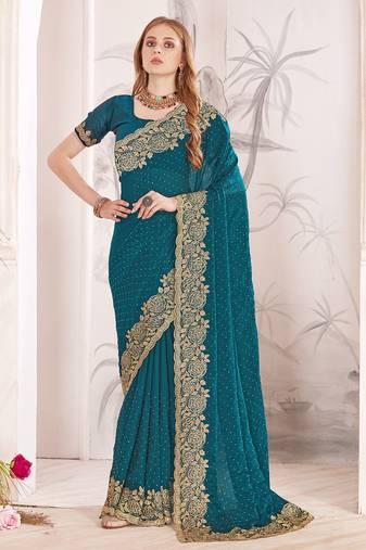 teal blue zari resham embroidery work silk blend party wear saree