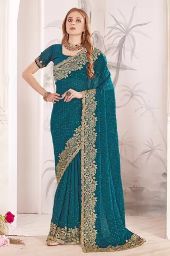 teal blue zari resham embroidery work silk blend party wear saree