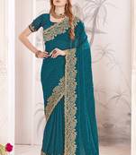 teal blue zari resham embroidery work silk blend party wear saree