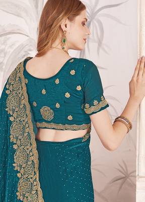 teal blue silk party wear saree 2