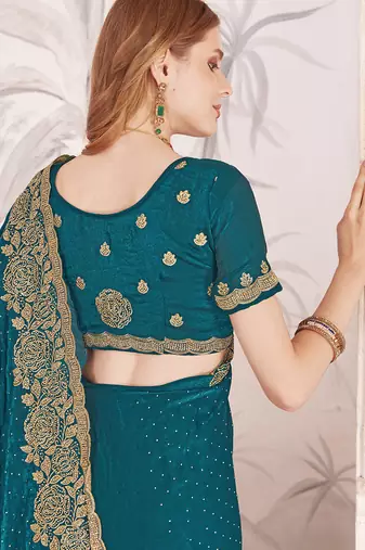 teal blue silk party wear saree