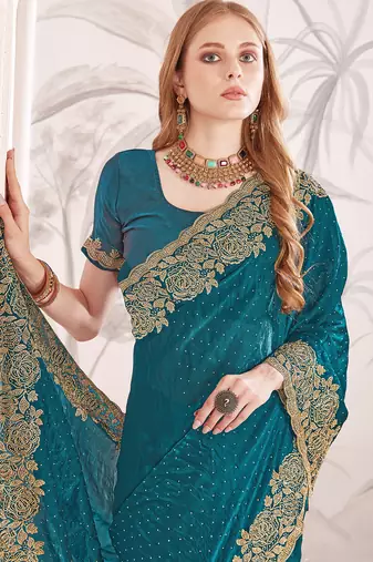 teal blue silk party wear saree