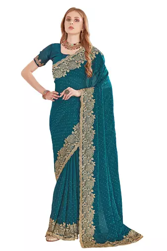teal blue silk party wear saree