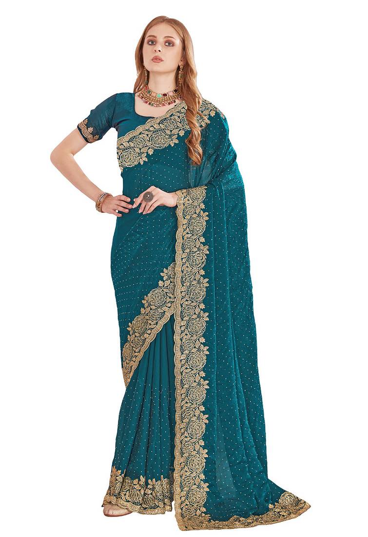teal blue zari resham embroidery work silk blend party wear saree