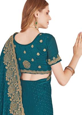 teal blue silk party wear saree 5