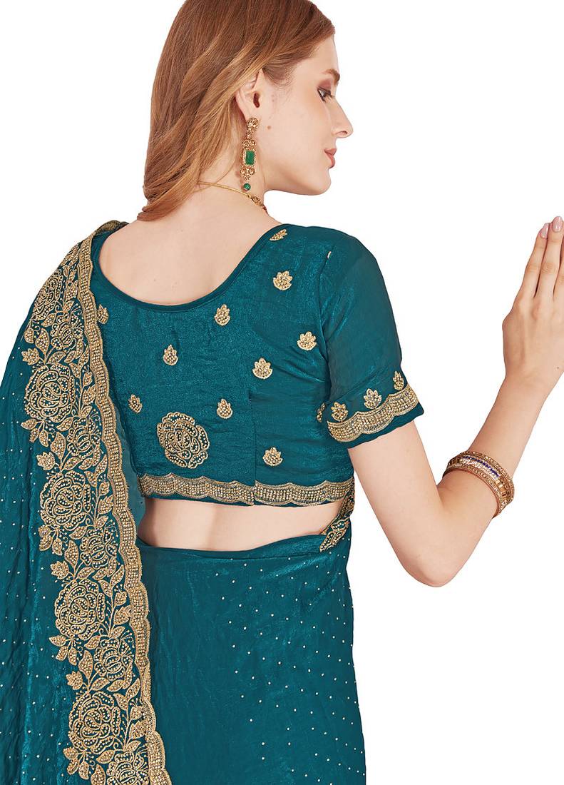 teal blue zari resham embroidery work silk blend party wear saree