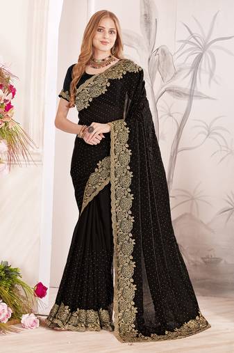 black zari resham embroidery work silk blend party wear saree