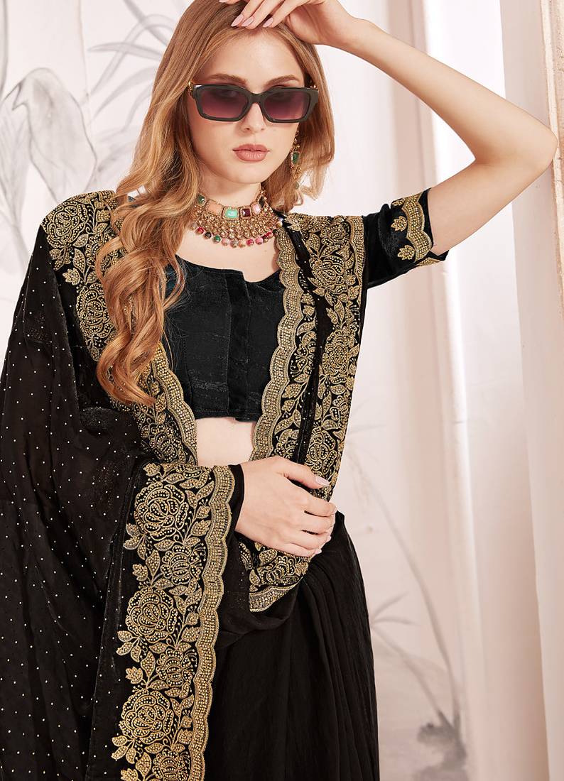 black zari resham embroidery work silk blend party wear saree