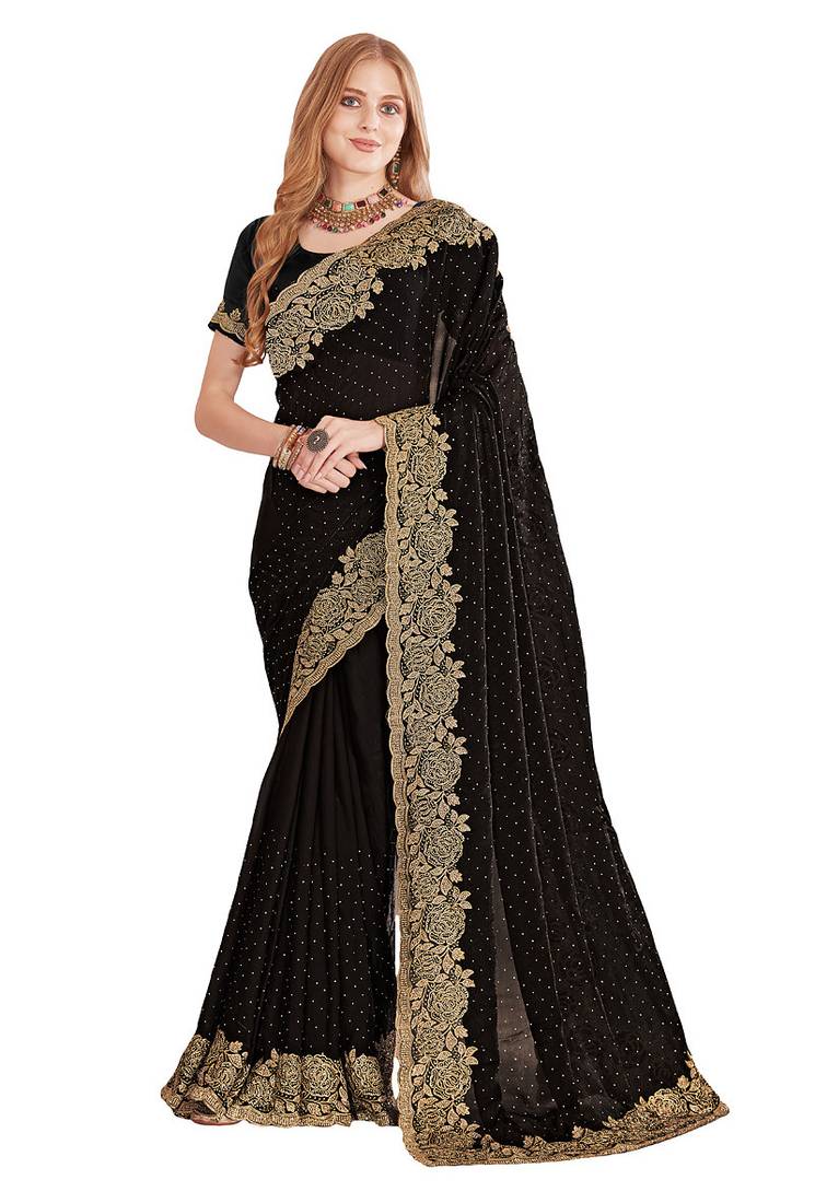 black zari resham embroidery work silk blend party wear saree