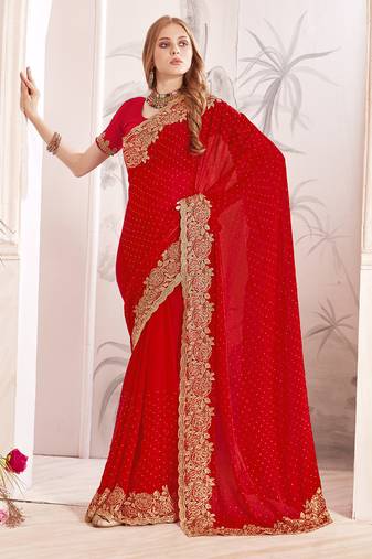 red zari resham embroidery work silk blend party wear saree