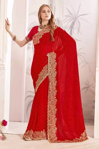 red zari resham embroidery work silk blend party wear saree
