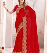 red zari resham embroidery work silk blend party wear saree