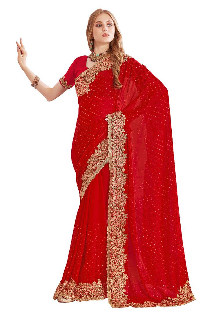red zari resham embroidery work silk blend party wear saree