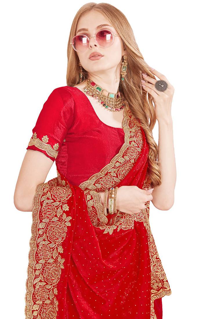 red zari resham embroidery work silk blend party wear saree