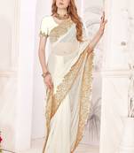 white zari resham embroidery work silk blend party wear saree