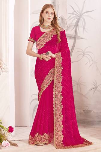 pink zari resham embroidery work silk blend party wear saree