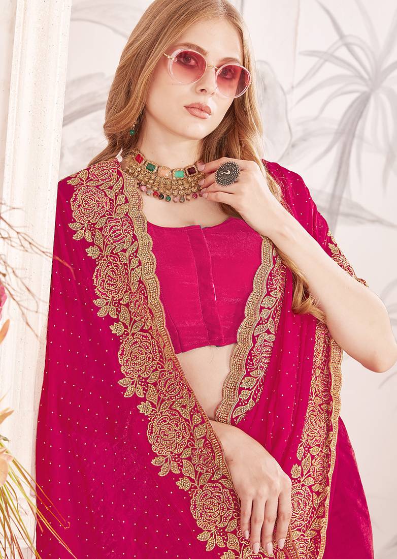 pink zari resham embroidery work silk blend party wear saree
