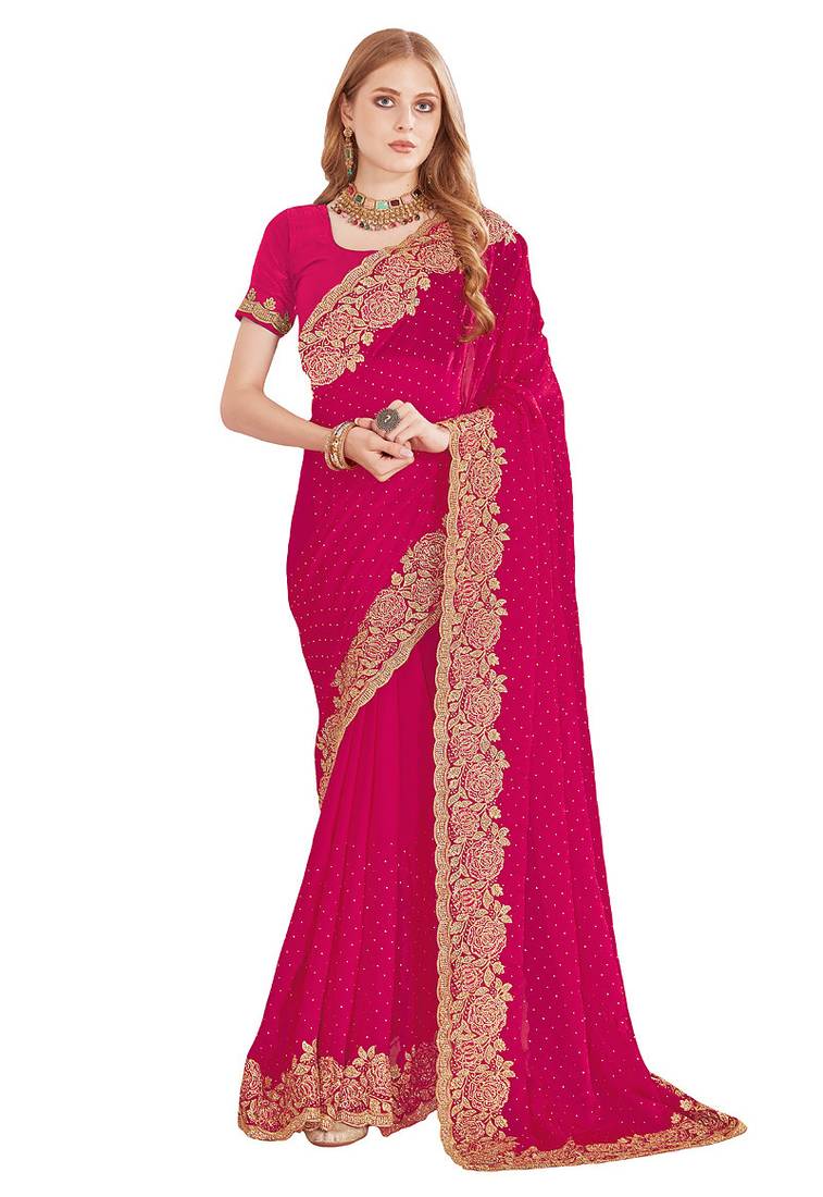pink zari resham embroidery work silk blend party wear saree