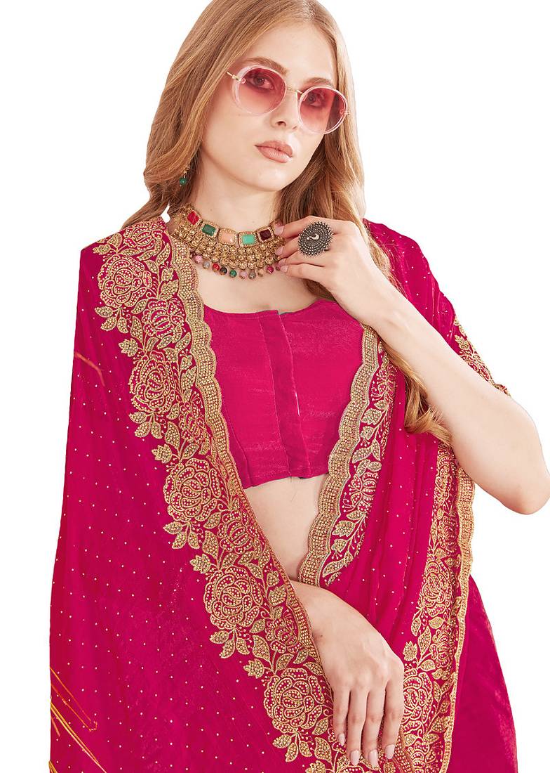 pink zari resham embroidery work silk blend party wear saree